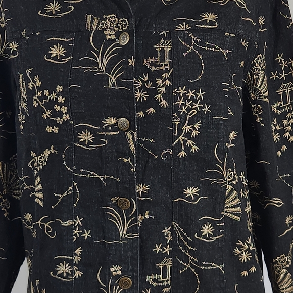 Embroidered Denim Linen Jacket Women’s Medium Oriental Artsy Boho Vintage - Picture 4 of 16
